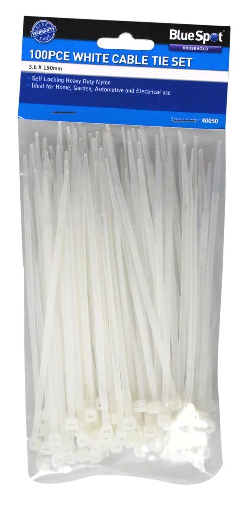 100 PCE 3.6mm X 150mm White Cable Ties
