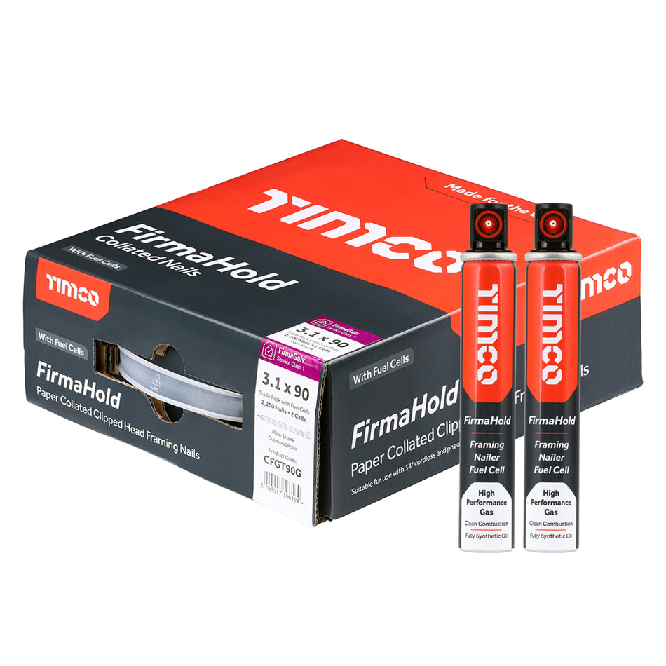 FirmaHold Collated Clipped Head Nails & 2 Fuel Cells - Trade Pack - Plain Shank - FirmaGalv 3.1 x 90/2CFC 2200 pieces
