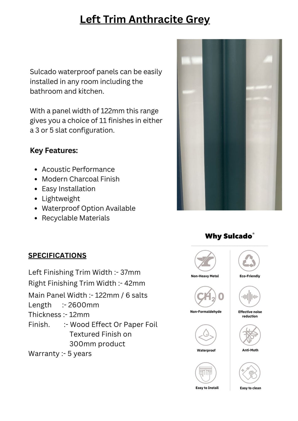 Left Trim Anthracite Grey Sulcado Fluted Waterproof-SFTL-AG-1 Panel