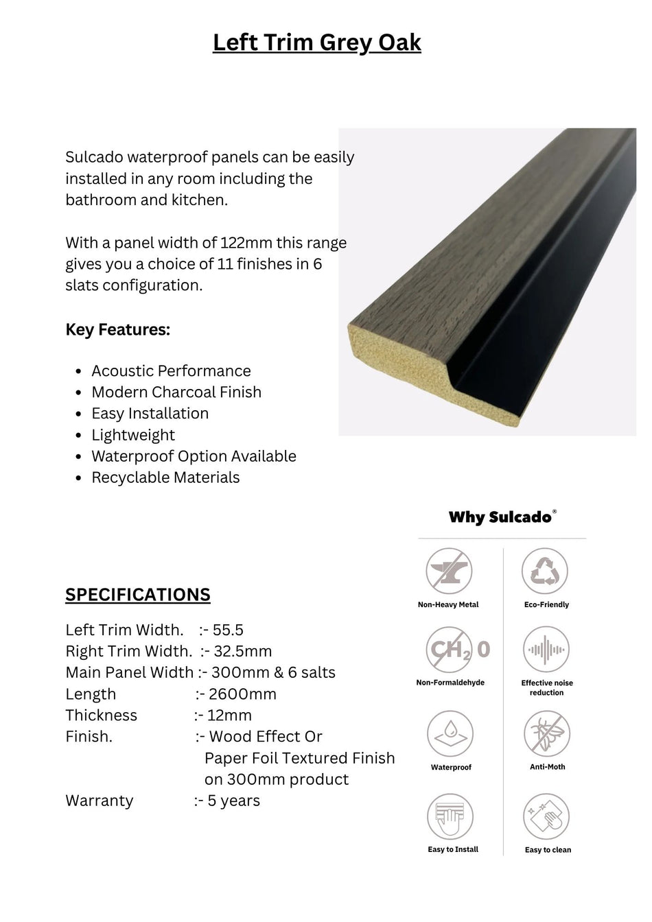 Left Trim Grey Oka Sulcado Premium Waterproof- SPTL-GO-1 Panel