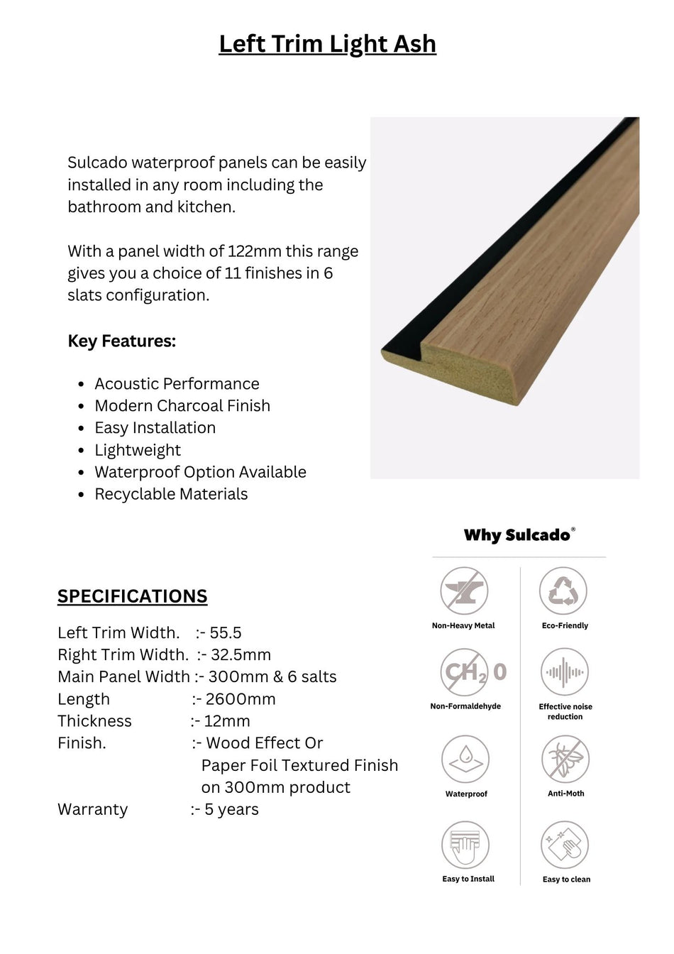 Left Trim Light Ash Sulcado Premium Waterproof-SPTL-LA-1 Panel