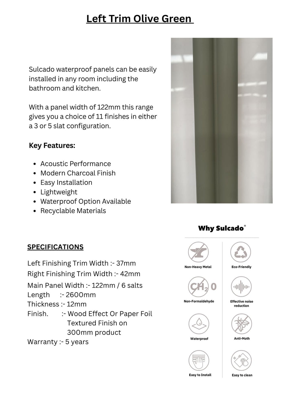 Left Trim Olive Green Sulcado Fluted Waterproof-SFTL-OG-1 Panel