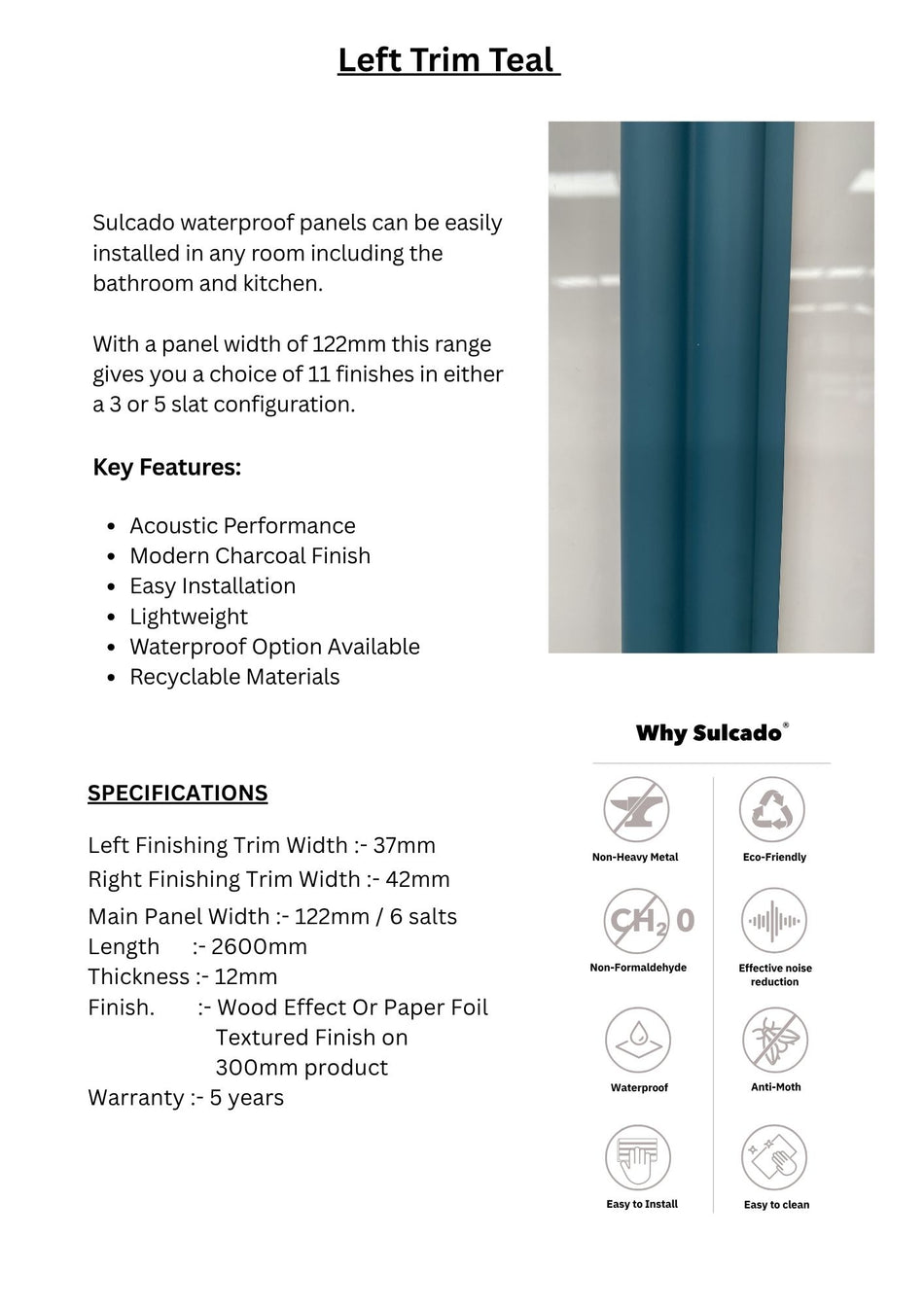 Left Trim Teal Sulcado Fluted Waterproof-SFTL-T-1 Panel