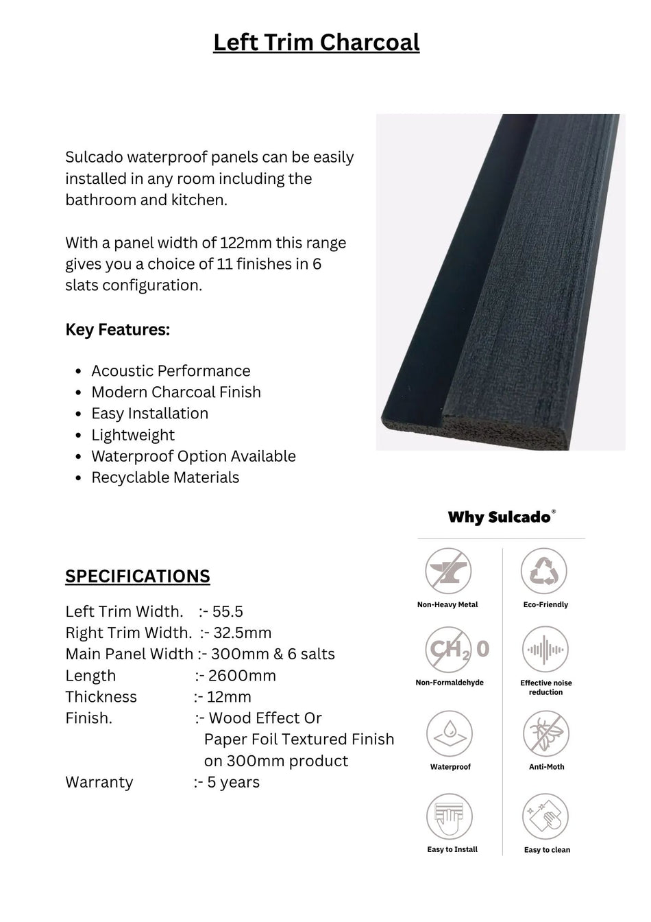 Right Trim Charcoal Sulcado Premium Waterproof-SPTR-C-1 Panel