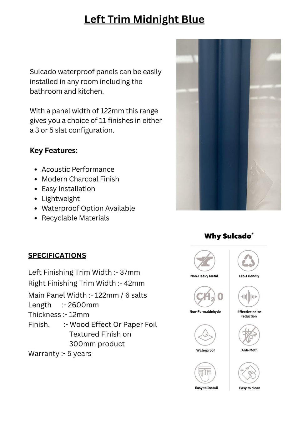 Left Trim Midnight Blue Sulcado Fluted Waterproof-SFTL-MB-1 Panel