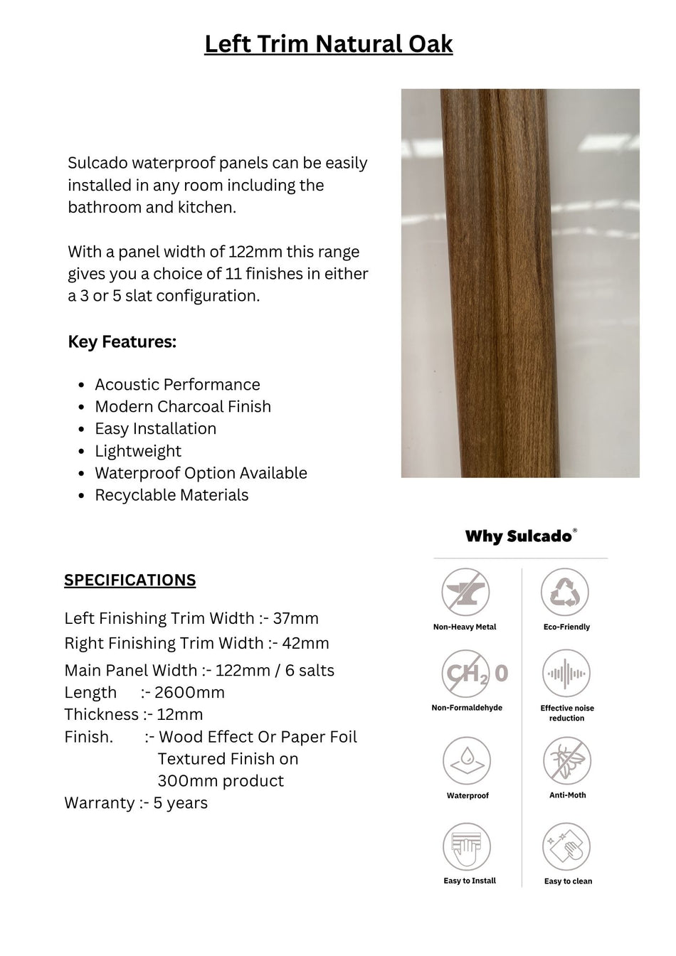 Left Trim Natural Oak Sulcado Fluted Waterproof-SFTL-NO-1 Panel