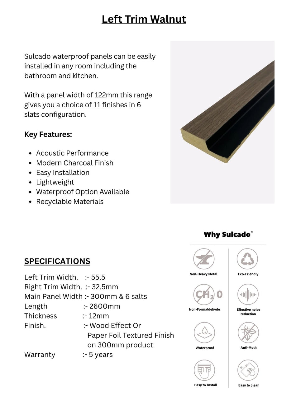 Left Trim Walnut Sulcado Premium Waterproof-SPTL-W-1 Panel