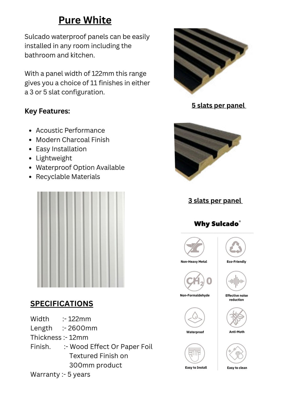 Pure White Sulcado Waterproof-SWPL-PWH / SWPS-PWH-10 Panel