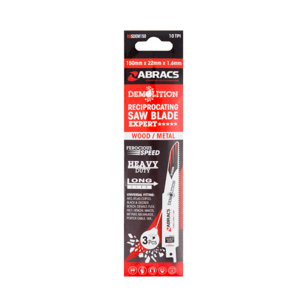 5pk 150mm x 22mm x 1.6mm Reciprocating Saw Blade Abracs RBSDEM150