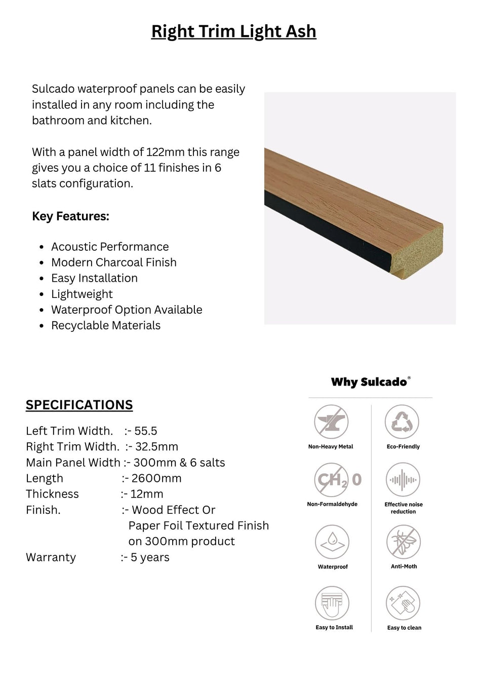 Right Trim Light Ash Sulcado Premium Waterproof-SPTR-LA-1 Panel
