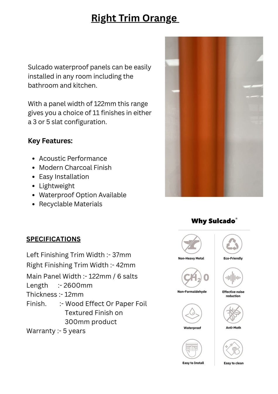 Right Trim Orange Sulcado Fluted Waterproof- SFTR-O-1 Panel