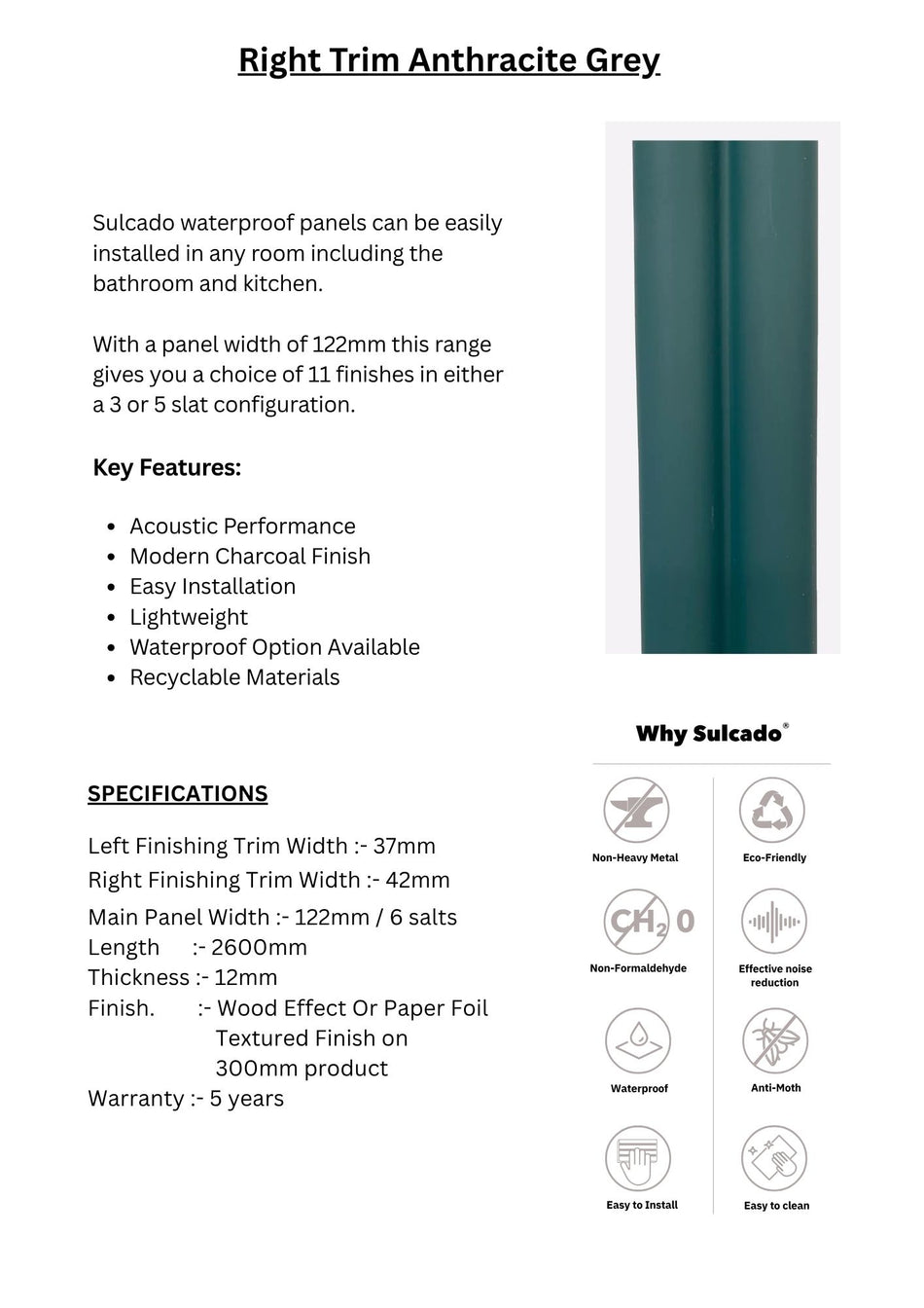 Right Trim Anthracite Grey Sulcado Fluted Waterproof-SFTR-AG-1 Panel
