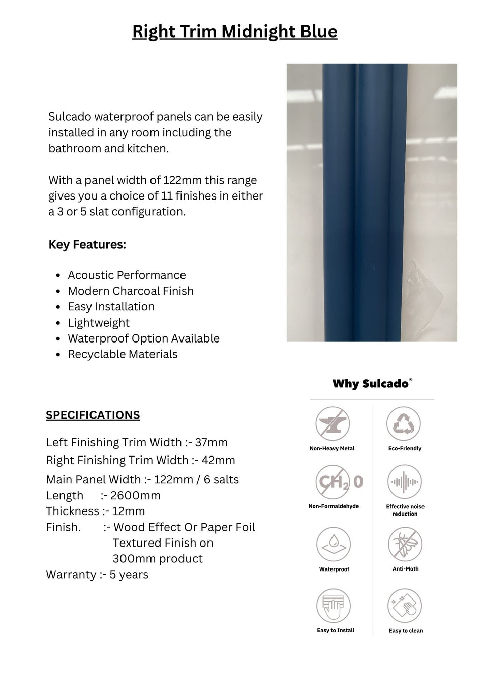 Right Trim Midnight Blue Sulcado Fluted Waterproof-SFTR-MB-1 Panel