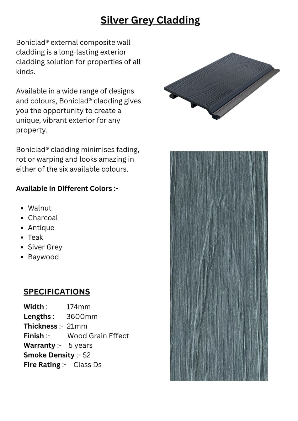 Boniclad External Composite Cladding Silver Grey - BONICLAD17421 - 1 Panel