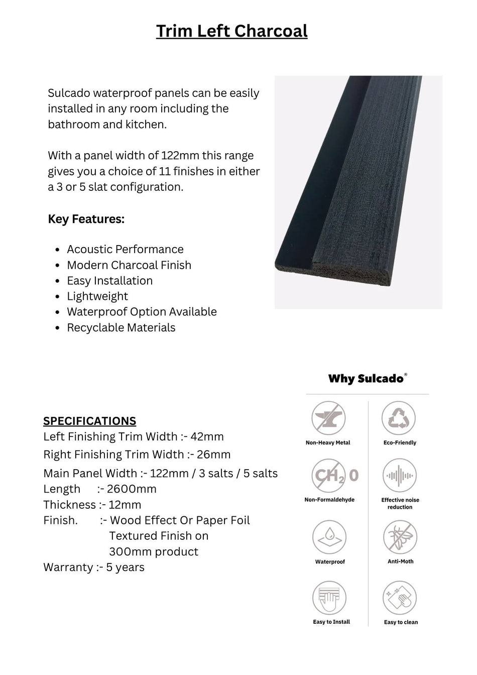 Trim Left Charcoal Sulcado Waterproof-SWTLL-C / SWTSL-C-1 Panel
