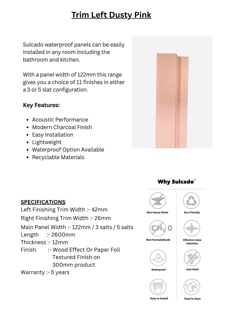 Trim Left Dusty Pink Sulcado Waterproof-SWTLL-DP-1 Panel