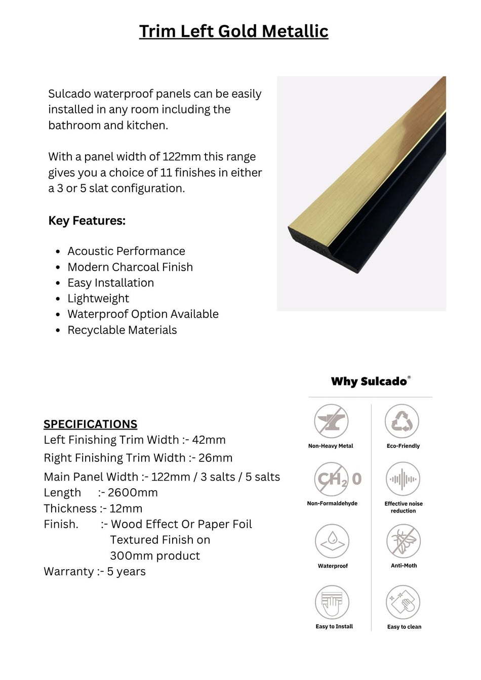 Trim Left Gold Metallic Sulcado Waterproof-SWTLL-GM / SWTSL-GM-1 Panel