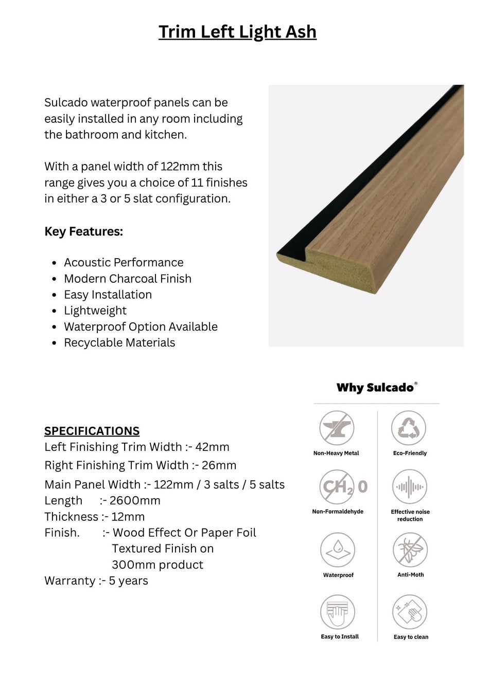 Trim Left Light Ash Sulcado Waterproof-SWTLL-LA / SWTSL-LA-1 Panel