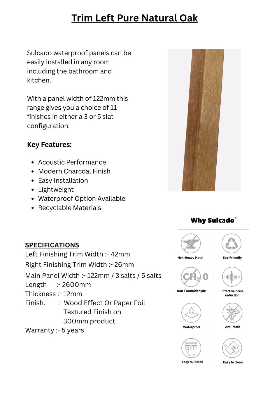 Trim Left Pure Natural Oak Sulcado Waterproof-SWTLL-PNO / SWTSL-PNO-1 Panel