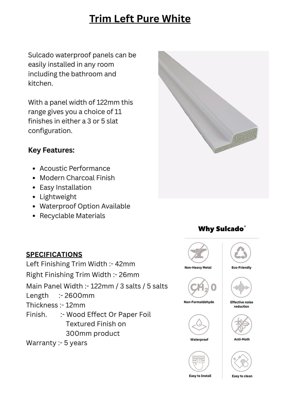 Trim Left Pure White Sulcado Waterproof-SWTLL-PWH / SWTSL-PWH-1 Panel