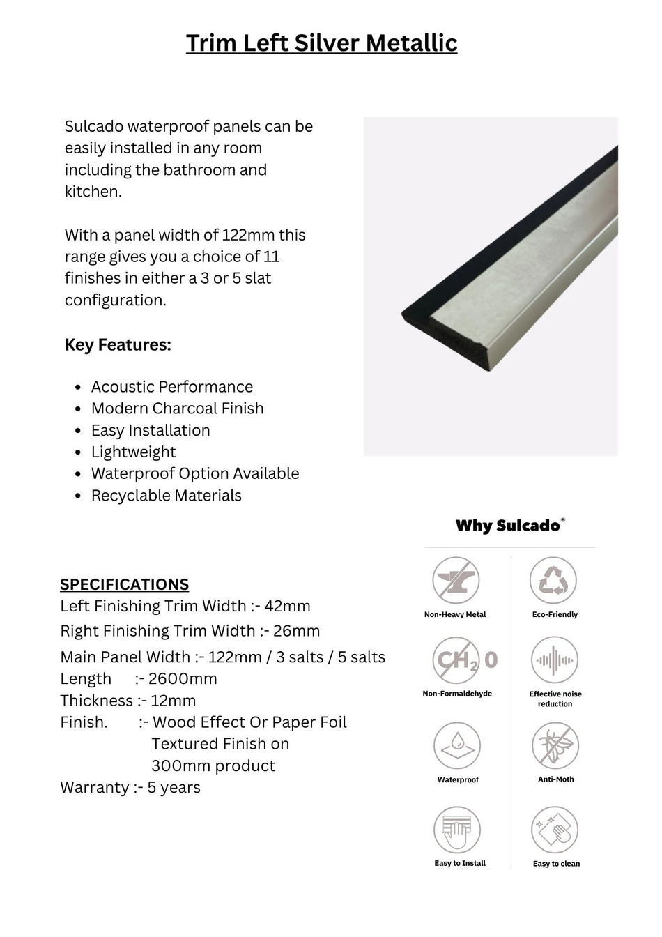 Trim Left Silver Metallic Sulcado Waterproof-SWTLL-SM / SWTSL-SM-1 Panel