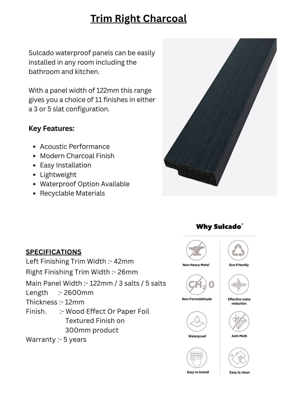 Trim Right Charcoal Sulcado Waterproof-SWTLR-C / SWTSR-C-1 Panel