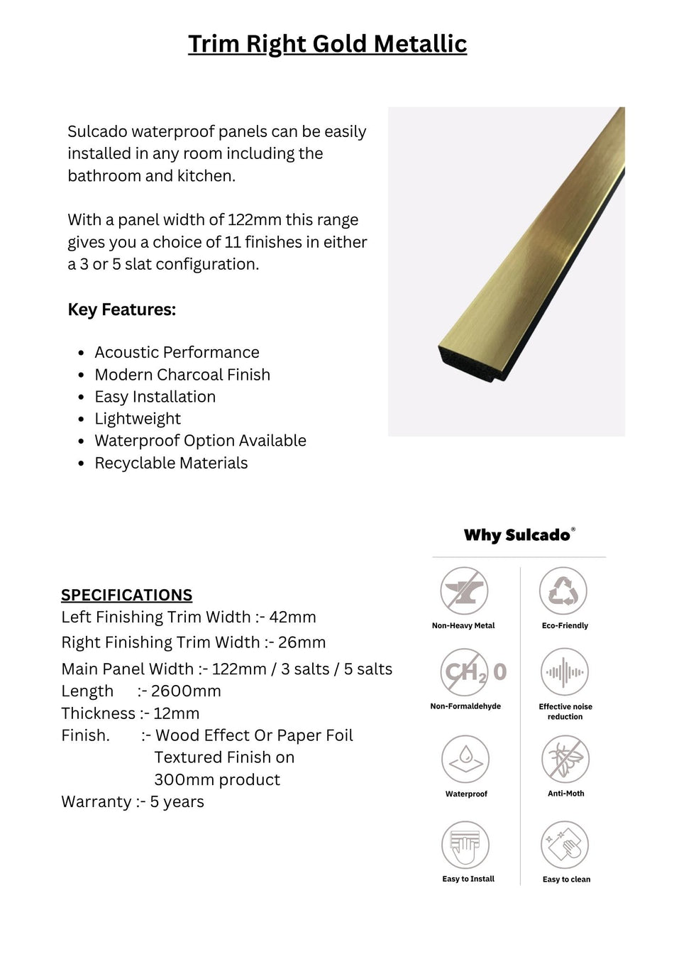 Trim Right Gold Metallic Sulcado Waterproof-SWTLR-GM / SWTSR-GM-1 Panel