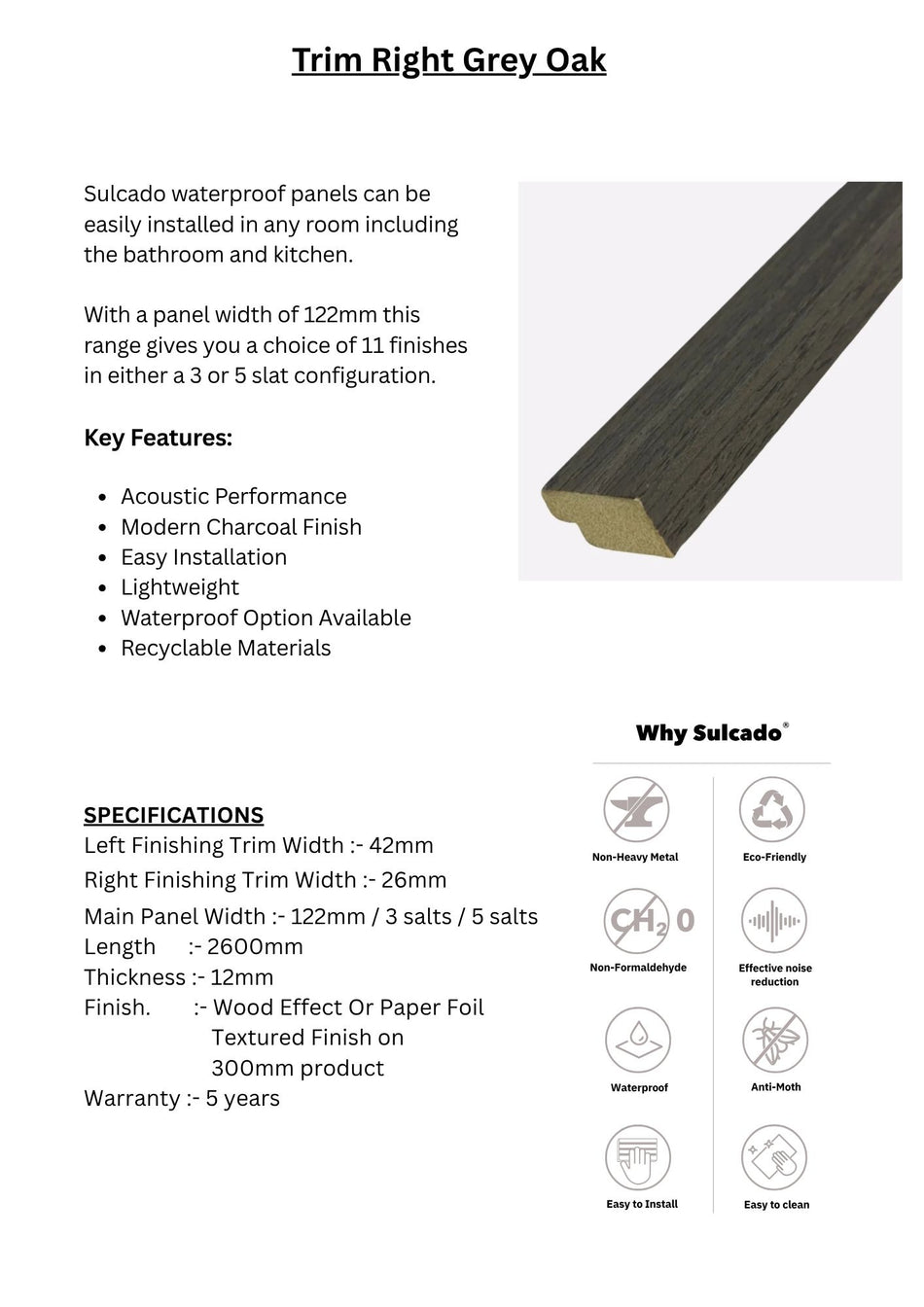 Trim Right Grey Oka Sulcado Waterproof-SWTLR-GO / SWTSR-GO-1 Panel