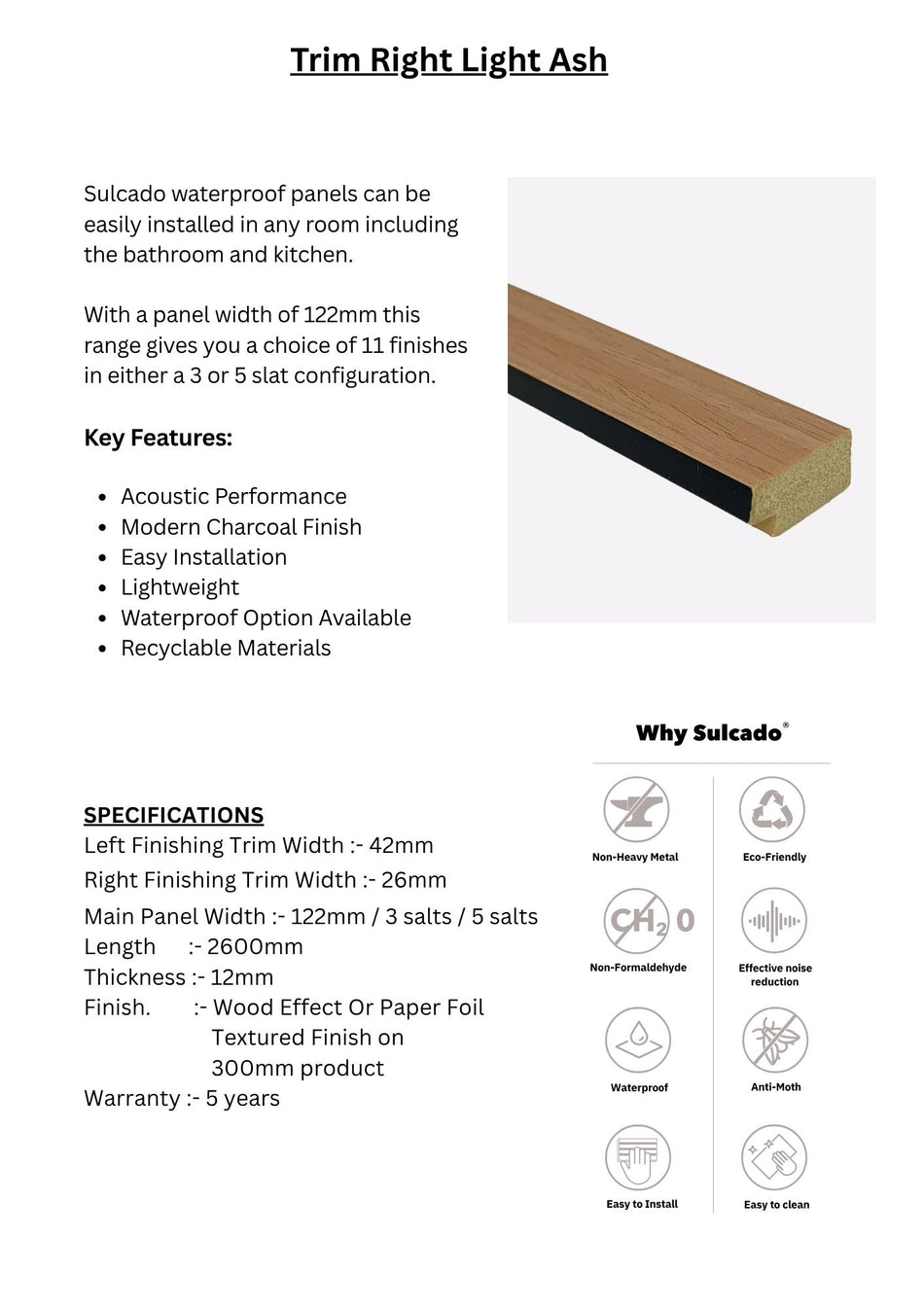 Trim Right Light Ash Sulcado Waterproof-SWTLR-LA / SWTSR-LA-1 Panel