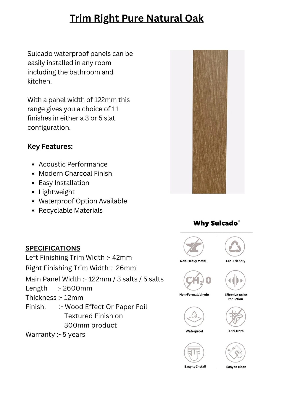 Trim Right Pure Natural Oak Sulcado Waterproof- SWTLR-PNO / SWTSR-PNO-1 Panel