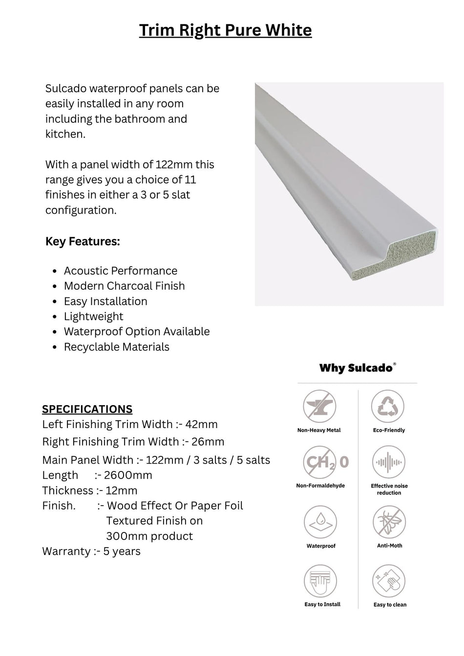 Trim Right Pure White Sulcado Waterproof-SWTLR-PWH / SWTSR-PWH-1 Panel