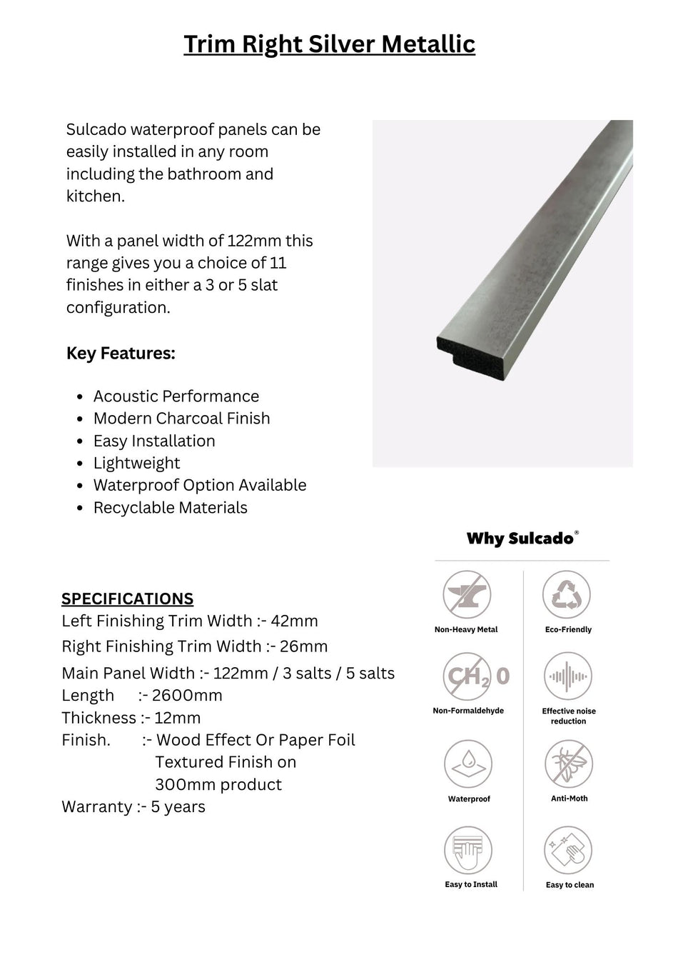 Trim Right Silver Metallic Sulcado Waterproof-SWTLR-SM / SWTSR-SM-1 Panel