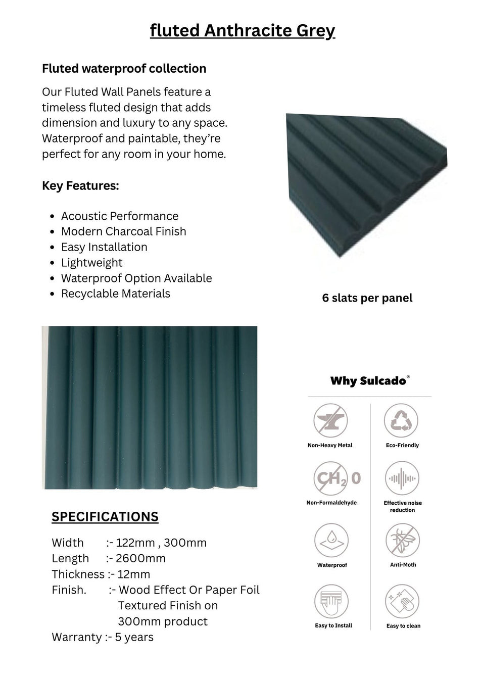 Fluted Anthracite Grey Sulcado Fluted Waterproof-SWPF-AG-10 Panel