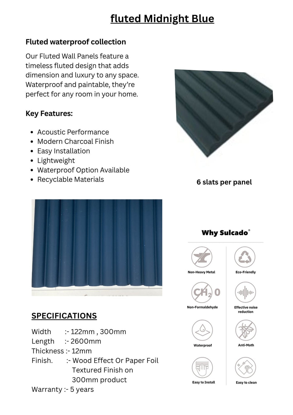 Fluted Midnight Blue Sulcado Fluted Waterproof-SWPF-MB-10 Panel