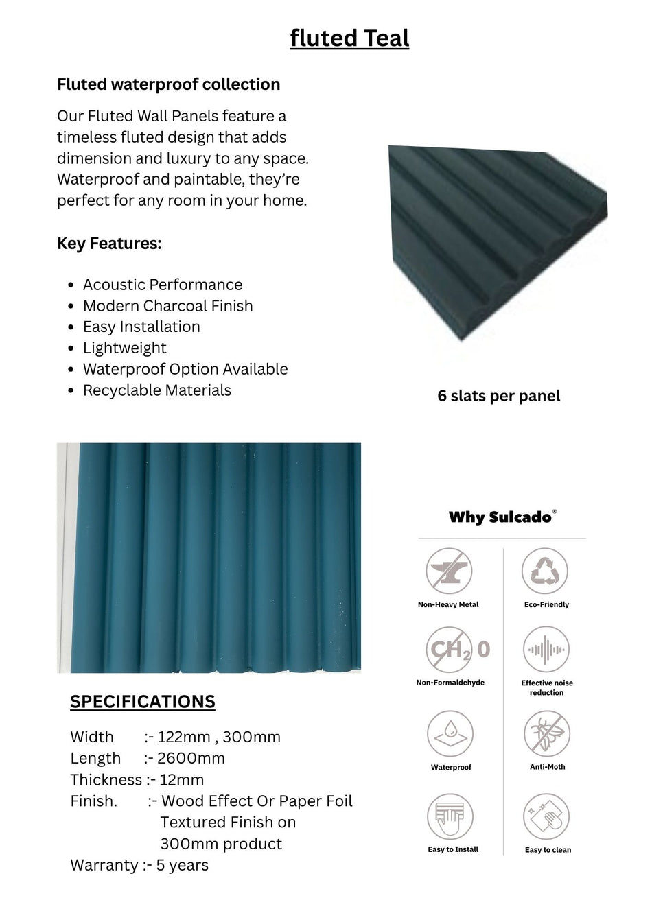 Fluted Teal Sulcado Fluted Waterproof- SWPF-T-10 Panel